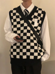 HEARUJOY - Waistcoat Plaid Green V Neck Sleeveless Knitted Sweaters for Men Black Man Clothes Vest Ugly Cotton Pull Oversize Sheap T Shirt