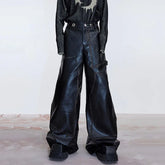 Hearujoy Vintage Men's Distressed PU Leather Pants Segmented Metal Niche Desige Wide Leg Casual Trousers Autumn Tide 9C3108