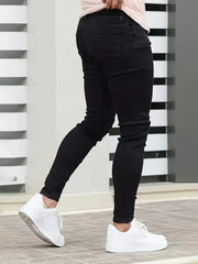 HEARUJOY - Men's Slim-Fit Ripped Jeans - Stylish Black Distressed Denim with Raw Hem, Comfortable & Versatile for All Seasons, Casual Stree