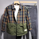 Hearujoy Spring And Summer Casual Shirt For Men Retro Japanese Style Simple Comfortable Spliced Long-Sleeve Loose Plaid Cargo Shirt