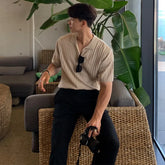 HEARUJOY - Men's Clothing Light Luxury Knitted Polo Shirt Casual Stripe V-Neck Solid Color Short Sleeve T-Shirt Breathable Fashion Knitwear