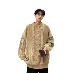 HEARUJOY - Retro Japanese Style Knitted Sweater for Men with Braided Design And Embroidery Oversize Lazy Style New Autumn Winter Collection