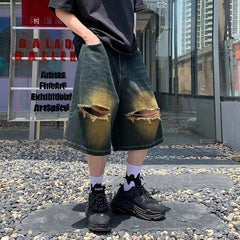 Hearujoy 2024 Men Summer Fashion Vintage Loose Wide Leg Jeans Male Streetwear Knee Length Pants Male Casual Ripped Denim Shorts F38
