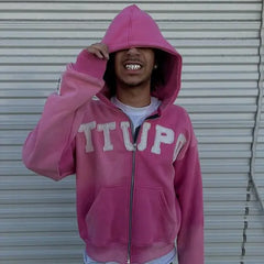 Hearujoy Y2K Retro Zipper Hooded American Sweatshirt Gothic Letter Print Patch Hoodie Brand Trendy Men's Casual Jacket New Product