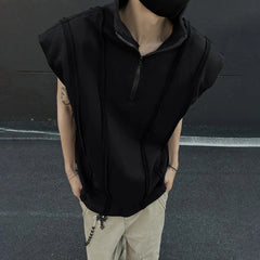 HEARUJOY - Mens Half Zipper Shoulder Pad Vest Streetwear Fashion Stand Collar Plain Personality Sleeveless Top Men'S Clothing 2025 New