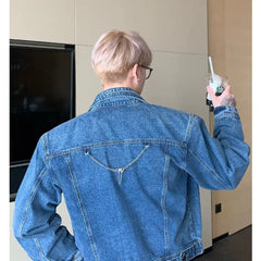 HEARUJOY - Blue Retro Denim Jacket Mens Spring Korean Washed Double Layered Collar Cowboy Coats Pockets Loose Hip Hop Outwear Y2K