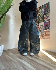 HEARUJOY - Y2K Baggy Jeans Star Pattern Stitching Tassel Pants Women American Retro High Street Jeans Loose Trendy Wide Leg Pants Clothes