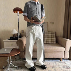 HEARUJOY - Summer New Casual Mens Knit Polo Shirt Slim Fit Short Sleeve Lapel Patchwork Polos Men Knitting Striped Printed Polo Shirts