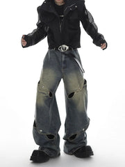Hearujoy Wide Leg Jeans Pants Men Streetwear Baggy Distressed Denim Trousers Male Oversize Hollow Out Casual Korean Hip Hop