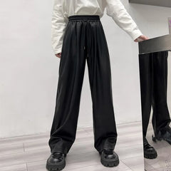 Hearujoy Casual Drawstring PU Leather Long Pants Men Trousers Spring Fall Loose Y2k Elastic Waist Straight Wide Leg Faux Leather Pants
