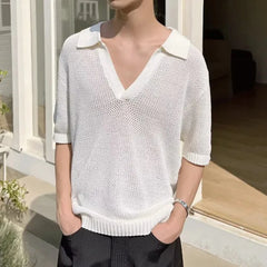 HEARUJOY - Summer New Men's Solid Color Hollow Short Sleeve T-shirt American Retro Fashion Trend Loose Simple Breathable Men's Tops