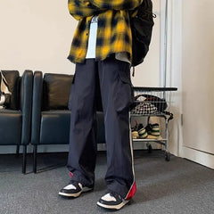 HEARUJOY - American College Style Striped Casual Pants Men's Spring Trendy Brand Loose High Street Retro Straight Wide-leg Sports Pants