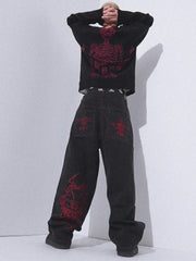 Hearujoy Y2K Pants Mens Hip Hop Retro Skull Embroidery Washed Baggy Pants Skeleton Casual Loose Wide Leg Trousers Male Streetwear