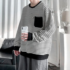 HEARUJOY - Loose round Neck T-Shirt Men's Casual Stripe White Fashionable Korean Style Autumn Top for Men Comfortable Sweatshirt