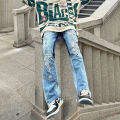 HEARUJOY - Hole Ripped Straight Baggy Men Flare Jeans Pants Patchwork Distressed Washed Vintage Loose Punk Denim Trousers