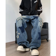 Hearujoy Star Embroidery Patchwork Jeans Men Straight Casual Autumn New Wide Leg Hip-hop Fashion Youth Neutral Streetwear Denim Trousers