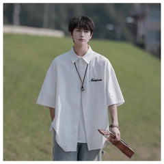 HEARUJOY - Retro Japanese Men's Casual Short Sleeve Shirt Spring Summer Loose Fit Versatile Youth Button Loose Half Sleeve Blouse Shirts