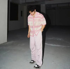 HEARUJOY - Summer New Fashion Casual Breathable Hollow Out Knitted Polo Shirts Men Striped Crochet Knitting Tops Vintage Mens Clothes