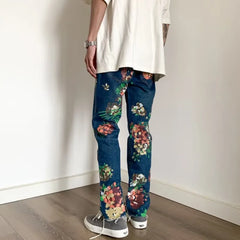 HEARUJOY - Y2K Fashion Flowers Print Slim Hip Hop Jeans Pants For Men Clothing Skateboard Streetwear New Rock Denim Trousers