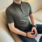 HEARUJOY - Men's 65% Cotton Henley Collar Short Sleeve Polo Shirt Summer Solid Color Stand Neck Tee, Versatile Casual & Smart Styling