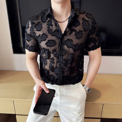 HEARUJOY - Summer Mens Mesh Lace Short Sleeve Shirt Men Streetwear Hollow-Out Dance Shirts Male Nightclub Disco White Shirts Tops
