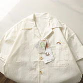 HEARUJOY - Japanese Linen Tops Summer Korean Style Men's Embroidered Loose Casual Cuban Collar Short-sleeved Shirt Aesthetic Academy Chic