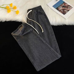 HEARUJOY - Men Vintage Korean Casual Pants High Street Hip Hop Straight Wide Leg Jeans Male Drawstring Streetwear