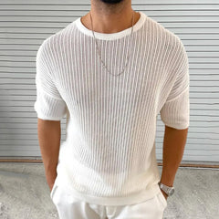 HEARUJOY - Summer New Men's Solid Color Knitted Hollow Short-Sleeved T-Shirt Retro Fashion Trend Casual Simple Daily Breathable Men's Tops