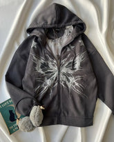 HEARUJOY - High street American y2k butterfly pattern print retro zipper hoodie women's casual loose and versatile couple goth sweatshirt