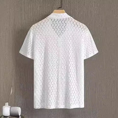 HEARUJOY - Tops Shirt Lace Men Outer Lapel Tops S-2XL Short-Sleeve Shirt Simple White Embroidery Hollow Out Mesh Brand New