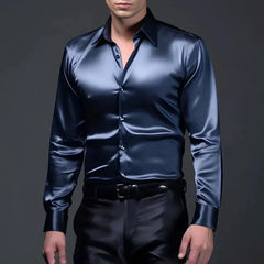 HEARUJOY - Men's Solid Color Shiny Long-Sleeved Shirt Retro Fashion American Trend Street Loose Niche Party Performance Summer Men's Tops