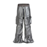 Hearujoy High Street Vintage Matte Coated Cargos for Men and Women Wide Leg Drawstring Baggy Leather Pants Oversized Cleanfit Trousers