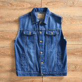 HEARUJOY - Heavy-Duty Washed Spring Men's Japanese Casual Lapel Denim Vest Sleeveless Tank Jacket Amekaji American Vintage