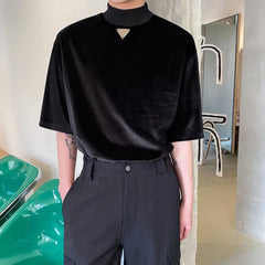 Hearujoy Turtleneck Collar Velvet T-shirt Korean Loose casual Streetwear Tops Men Clothing Summer Black harajuku Short Sleeve Stand