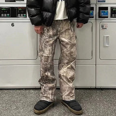 Hearujoy Streetwear Trees Print Camouflage Baggy Jeans for Men and Women Patchwork Washed Casual Denim Trouses Oversized Loose Cargos