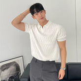 HEARUJOY - Summer Clothing Men's Light Luxury Knitted Jacquard Polo Shirt V-Neck Solid Color Short-sleeved Korean Popular Leisure Knitwear
