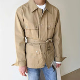 Hearujoy Mens Casual British Lace-Up Short Jacket Autumn Genderless Fashion Elegant Retro Multi-Pocket Metal Decorated Jacket Unisex