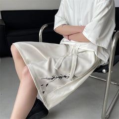 Hearujoy Leaf Embroidery Casual Shorts Men Summer Basic Simple Loose Hip Hop Streetwear Chinese style Leisure Shorts White/Black 5XL-M