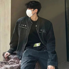 HEARUJOY - Male Denim Jackets High Street Shoulder Pad Design Patchwork Solid Men Short Coats American Style Loose Short Outwear Zipper