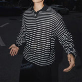 HEARUJOY - Stylish Striped Textured Polo Shirts Mens Vintage Hollow Out Knitted Tops Men Spring Autumn Casual Breathable Knitting Pullover