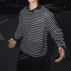 HEARUJOY - Stylish Striped Textured Polo Shirts Mens Vintage Hollow Out Knitted Tops Men Spring Autumn Casual Breathable Knitting Pullover