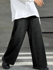 HEARUJOY - Men'S Loose Fit Black Denim Wide Leg Jeans with Raw Wash Detail - Comfortable, Versatile All-Season Wear, Casual Denim Jeans| fl