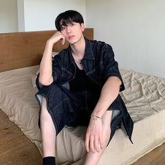 HEARUJOY - Cowboy Retro Set Mens Summer Big Pocket Washed Denim Shirt+loose Wide Leg Seven Quarter Jeans 2-cps American Street Unisex Suit