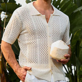 HEARUJOY - Summer Men's Retro Solid Color Short-Sleeved Shirt Knitted Hollow Fashion Casual Trend Loose Breathable Seaside Beach Men's Tops