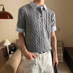 HEARUJOY - Summer New Casual Mens Knit Polo Shirt Slim Fit Short Sleeve Lapel Patchwork Polos Men Knitting Striped Printed Polo Shirts