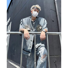 HEARUJOY - Short Sleeved Mens Denim Jackets Summer Fur Edge Retro Trend Tooling Cowboy Tops Hip Hop Multiple Pockets Shoulder Pads Shirts