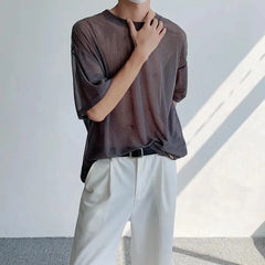 Hearujoy Mesh See Through O Neck T-shirt Men's Sexy Short-sleeved Top Tees Fashion Sexy Nightclub Club Clothing LGBT Genderless Camisate