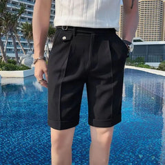 HEARUJOY - Fashion Summer Men British Style Naples Suit Shorts Smart Casual Paris Waist Buckle Button Knee Length Pants Shorts Streetwear