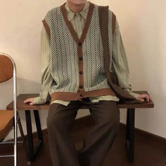 HEARUJOY - Men's Knitted Cardigan Sweater Vest Japanese Retro Fashion Trend Street Casual Loose Simple Breathable Niche New Men's Tops