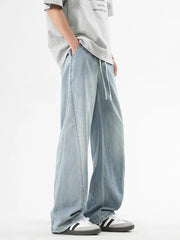 HEARUJOY - Summer Men's Lightweight Jeans Korean Fashion Breathable Cotton Drawstring Wide-Leg Baggy Denim Pants Straight Jean Trousers